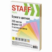 Бумага цветная STAFF «Profit», А4, 80 г/м2, 250 л. (5 цветов х 50 листов), пастель, для офиса и дома, 110890