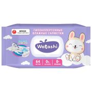 Салфетки влажные детские 64 шт., WATASHI, без спирта, 0+, с пластиковым клапаном, 12587