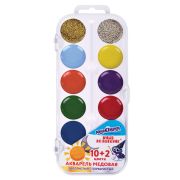 Краски акварельные ЮНЛАНДИЯ «ЮНЫЙ ВОЛШЕБНИК», медовые, 10+2 цвета (золото+серебро), круглые кюветы, пластик, 192360