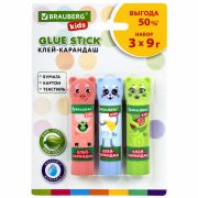 Клей-карандаш «Зверята: кошка, мышка, хрюшка», 9 г, фигурный колпачок, 3 шт./блистер, BRAUBERG KIDS, 271141