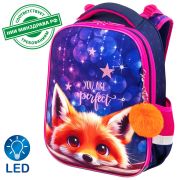 Ранец BRAUBERG PREMIUM, 2 отделения, с брелоком, «Cute fox», LED-ЛАМПОЧКИ, 38х29х16 см, 272019