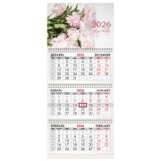 Календарь квартальный на 2026 г., 3 блока, 3 гребня, бегунок, офсет, BRAUBERG, «Пионы», 116773