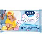 Салфетки влажные Aura «Ultra comfort», 15шт., детские, универсал. очищающие, без спирта