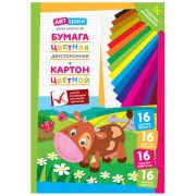 Набор А4 цв. немел. картона, 16л., 16цв. и цв. двустор. газет. бумаги, 16л.,16цв., ArtSpace «Коровка», в папке