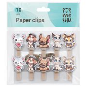 Зажимы для бумаг 7мм, MESHU «Cute pets», 10шт.,  деревянные, ассорти, опп пакет с европодвесом, веревка в комплекте