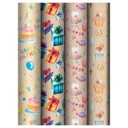 Упаковочная бумага крафт 70*100см, MESHU «Happy birthday», 70 г/м2, ассорти, 4 дизайна